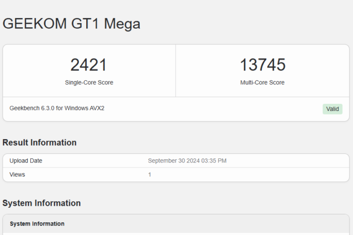 GEEKOM GT1 Mega Geekbench